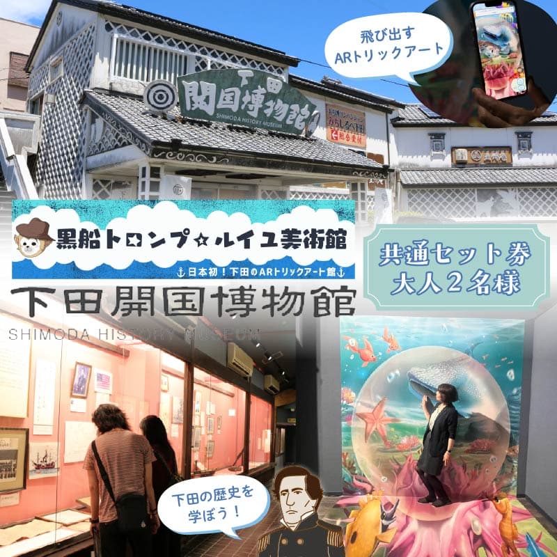【ロ】 下田開国博物館 黒船トロンプ・ルイユ美術館 共通セット券 大人2名 歴史 学習 資料館 黒船 開国 日本史 世界史 展示 旅行 写真 子供連れ 博物館 美術館 だまし絵 ARトリックアート 豆州庵 下田 伊豆 静岡県