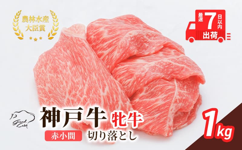 【最短7日以内発送】 神戸ビーフ 神戸牛 牝 切り落とし 赤小間 1000g 1kg 川岸畜産 すき焼き 牛丼 冷凍 大容量 肉 牛肉 すぐ届く お肉 和牛 食材 グルメ ブランド牛 日本産 国産 夕飯 晩御飯 夜ごはん