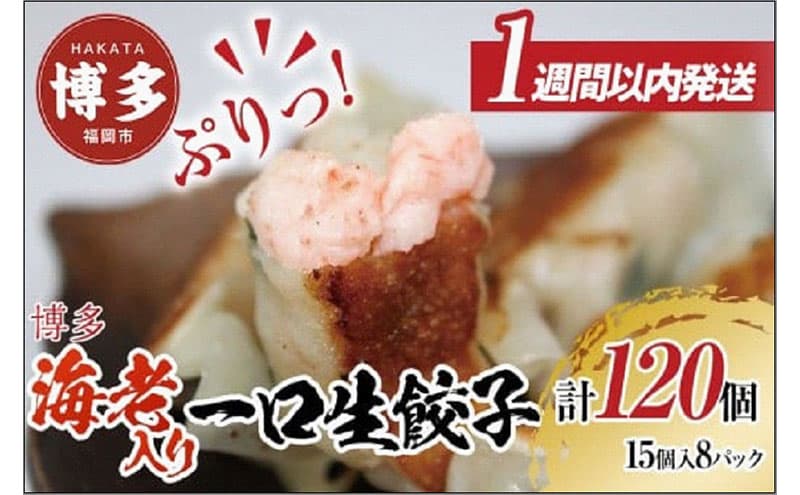 【1週間以内に発送】博多エビ入り一口生餃子 120個 小分け便利8パック 創業40年以上福岡老舗会社製造
