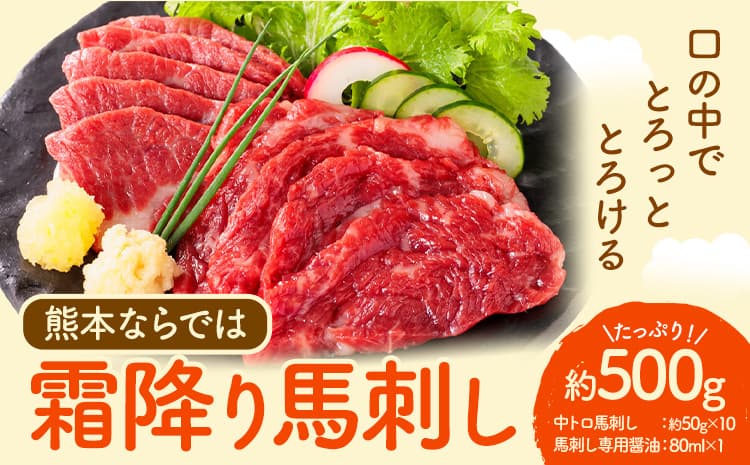 馬刺し 熊本 ならでは 霜降り馬刺し たっぷり 500g 株式会社利他フーズ《30日以内に出荷予定(土日祝除く)》 霜降り 中トロ 海外産 国内肥育 冷凍 生食用 肉 馬肉 ふるさと納税馬刺し 熊本県 南阿蘇村 送料無料 馬刺 ばさし 名物---isms_rita04_30d_r7_32000---