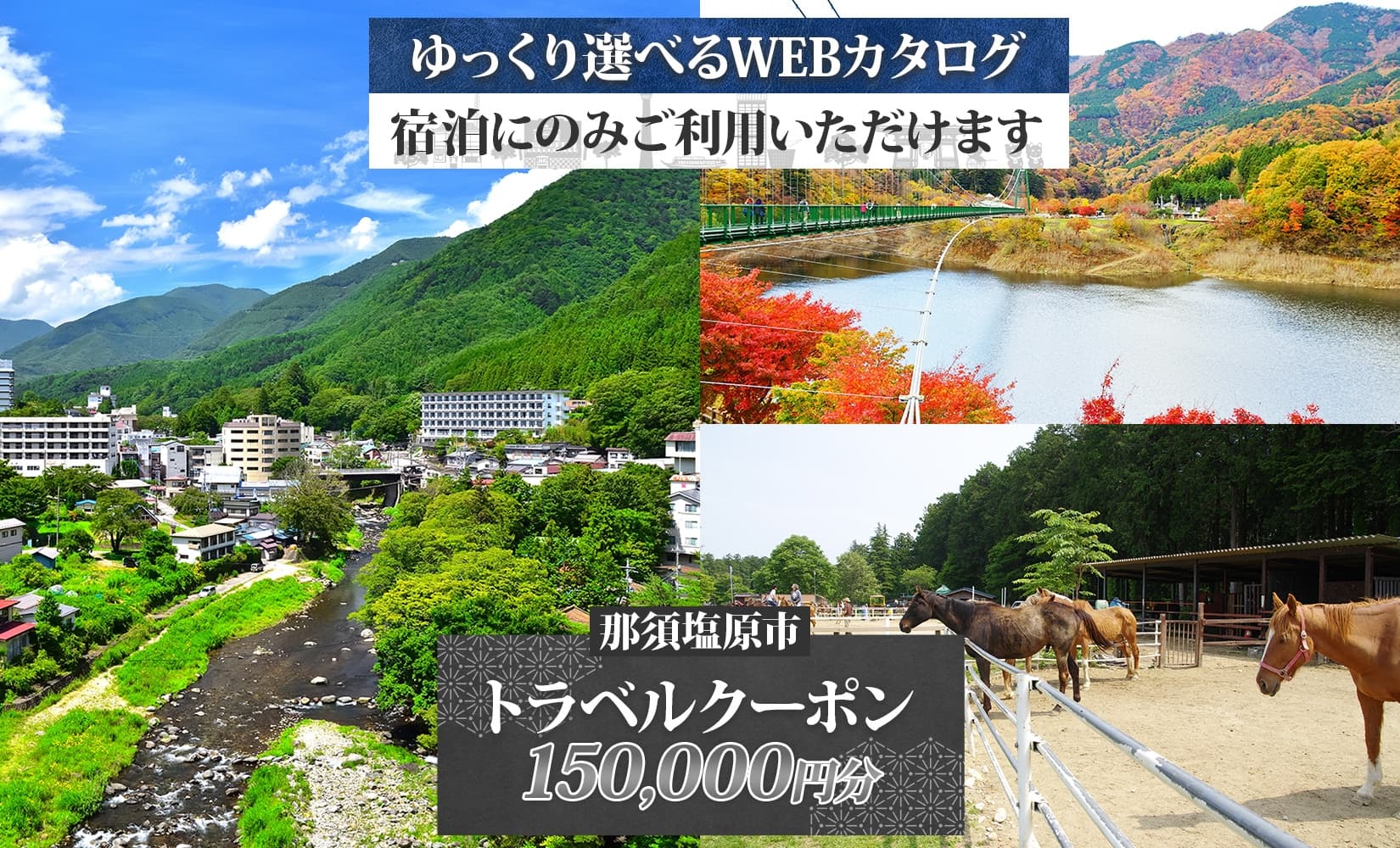 那須塩原市 後から選べる旅行Webカタログで使える! 旅行クーポン(150,000円分)旅行券 宿泊券 ns124-003 【宿泊 旅行 チケット ワンちゃん 犬連れ 温泉 ビジネス ホテル 宿】 (管理コード:ns124-003)