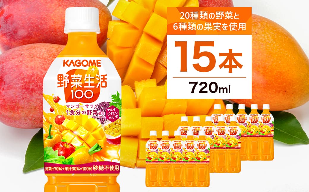 カゴメ 野菜生活100 マンゴーサラダ 720ml 15本 ns111-011【KAGOME ジュース 野菜 飲料 にんじん マンゴー】(管理コード:ns111-011)