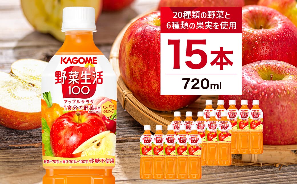 カゴメ 野菜生活100 アップルサラダ 720ml 15本 ns111-012【KAGOME ジュース 野菜 飲料 にんじん アップル】(管理コード:ns111-012)
