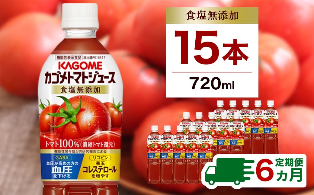 【定期便6ヵ月】カゴメトマトジュース 食塩無添加 720ml 15本 ns111-018【KAGOME ジュース 野菜 飲料 トマト リコピン GABA】(管理コード:ns111-018)