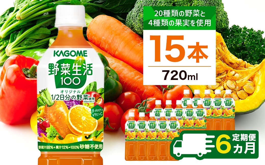 【定期便6ヵ月】カゴメ 野菜生活100 オリジナル 720ml 15本 ns111-024 【KAGOME 野菜 果実 ジュース ミックス フルーティ コク 健康 飲料 】(管理コード:ns111-024)