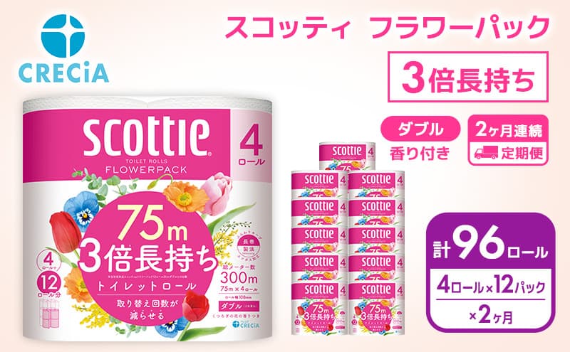 トイレットペーパー 定期便 2ヶ月 トイレットペーパーダブル スコッティ3倍長持ち 48ロール フラワーパック 香り付き スコッティ 3倍長持ち ダブル 長持ち 防災 災害 日用品 消耗品 生活用品 生活必需品 まとめ買い 2回 お楽しみ 宮城県 岩沼市