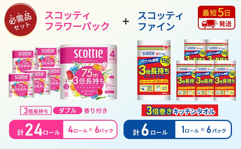 キッチンペーパー 6パック入 スコッティ ファイン 1ロール 150カット トイレットペーパー ダブル 24ロール ( 4ロール × 6パック ) フラワーパック