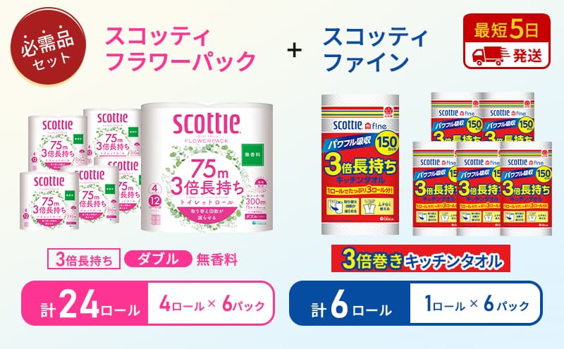 キッチンペーパー 6パック入 スコッティ ファイン 1ロール 3倍 150カット トイレットペーパー ダブル 24ロール ( 4ロール × 6パック ) フラワーパック
