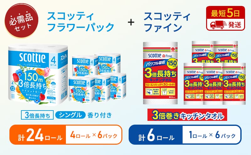 キッチンペーパー 6パック入 スコッティ ファイン 1ロール 3倍 150カット トイレットペーパー シングル フラワーパック 24ロール (4ロール × 6パック)