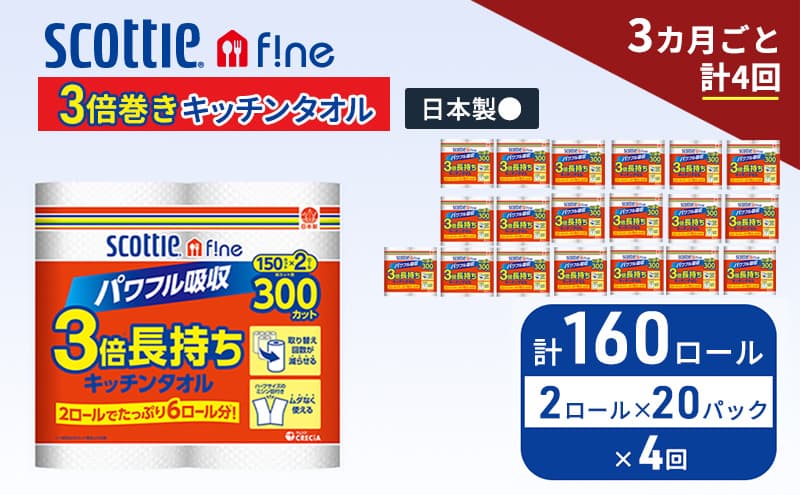 定期便 キッチンペーパー スコッティ 160ロール ファイン キッチンタオル 3倍巻き 150カット ペーパータオル 2ロール × 20パック《 3ヶ月ごと計4回 》