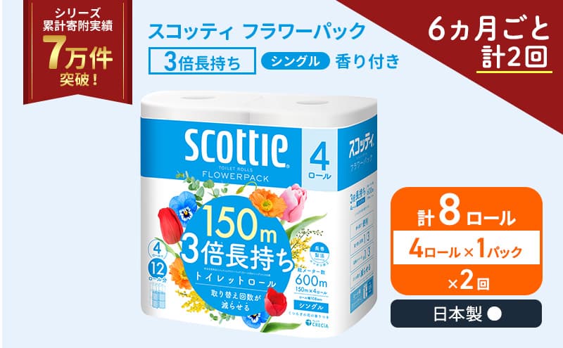 定期便 トイレットペーパー シングル スコッティ フラワーパック 3倍長持ち 4ロール × 1パック 香り付き《 6ヶ月ごと計 2回 》