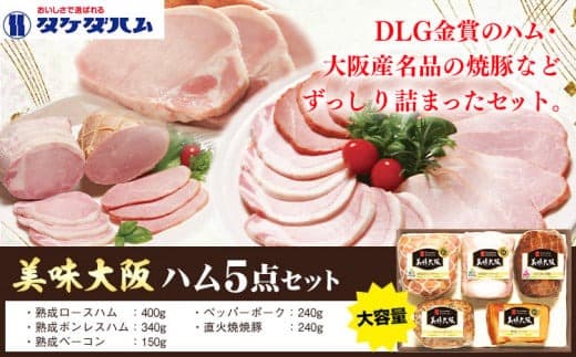 美味大阪 ハム5点セット タケダハム (株)《30日以内に出荷予定(土日祝除く)》大阪府 羽曳野市 送料無料 ロースハム ボンレスハム ベーコン ペッパーポーク 焼豚---habikino_thm_5_1--- (管理コード:habikino_thm_5_1)
