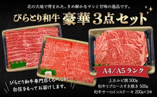 【A4/A5ランク黒毛和牛】びらとり和牛豪華3点セット オリジナルタレ付き ふるさと納税 人気 おすすめ ランキング びらとり和牛 黒毛和牛 和牛 肉 ステーキ すき焼き 焼肉 北海道 平取町 送料無料 BRTB025