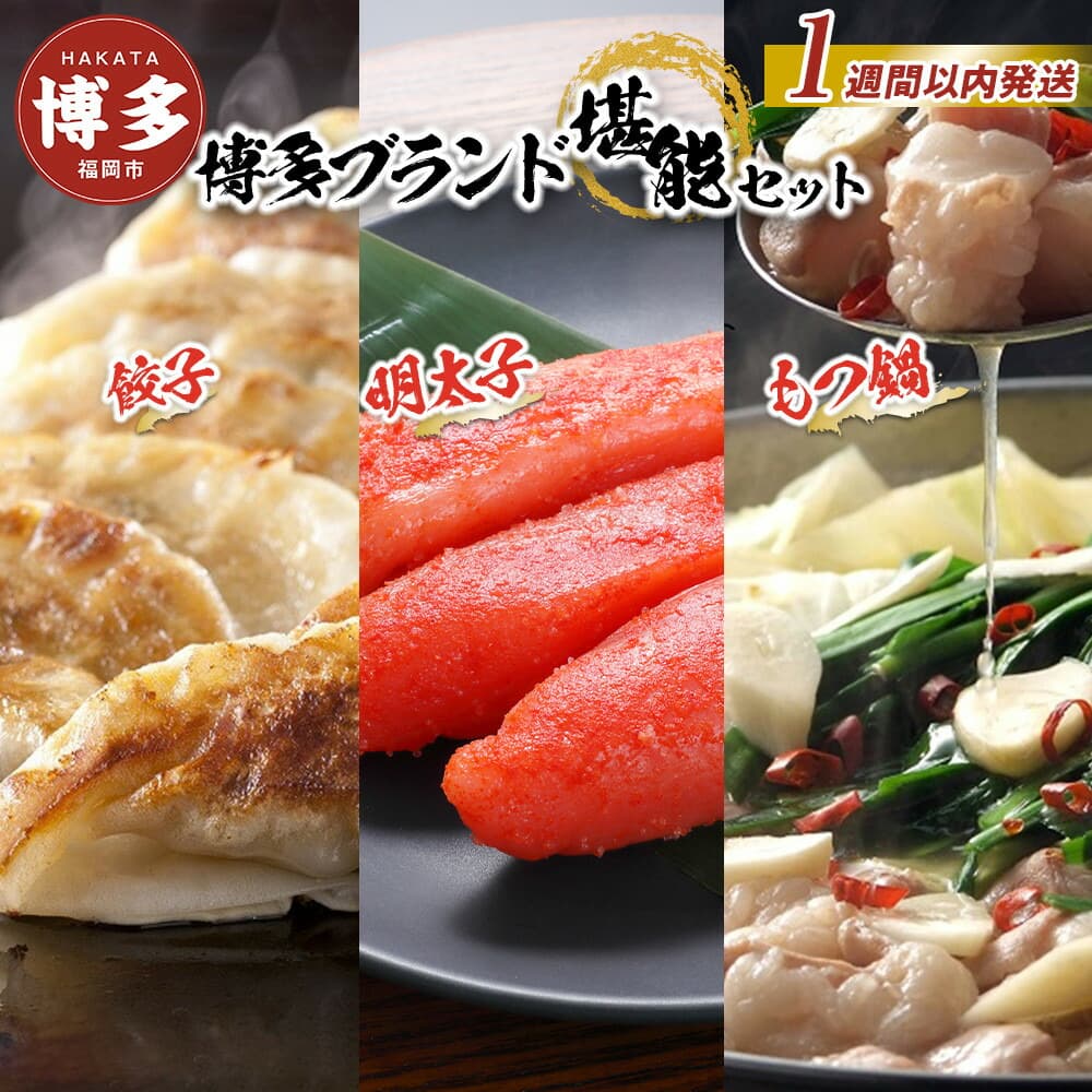 【1週間以内に発送】博多ブランド堪能セット もつ鍋2.5人前(醤油味)・辛子明太子 450g(150g×3パック)・博多黒豚餃子75個(25個×3パック)