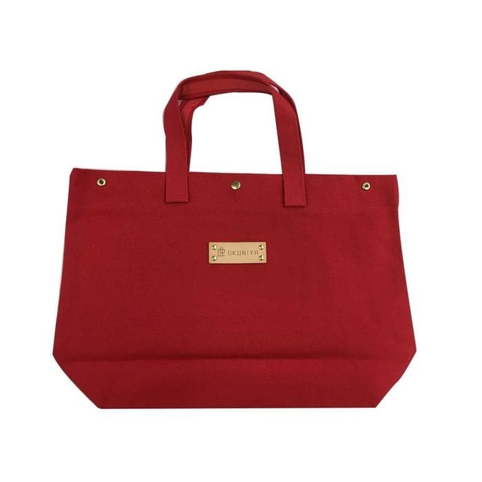 【福岡市の縫製工場オリジナルブランド OKUNIYA】本革ネーム (ヌメ) トートバッグ レッド(Lサイズ)