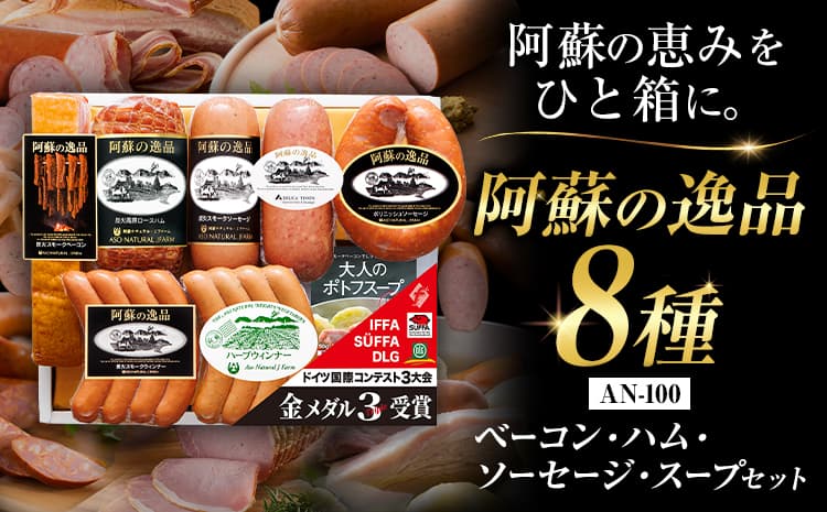 阿蘇の逸品 AN-100 ベーコン・ハム・ソーセージ・スープ 8種セット 株式会社阿蘇ナチュラル・ジェイファーム 《30日以内に出荷予定(土日祝除く)》 熊本県 南阿蘇村 炭火 スモーク ベーコン ハム ソーセージ ポトフ スープ---sms_anj100_30d_26_37000_8p---