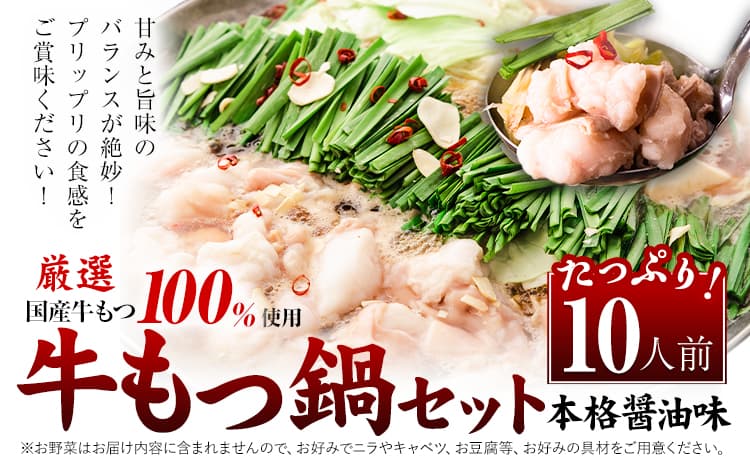 もつ鍋 福岡 もつ鍋 鍋 国産牛小腸100%使用 牛もつ鍋セット 10人前 本格醤油味《30日以内に出荷予定(土日祝除く)》牛もつ ちゃんぽん麺 唐辛子 ニンニク セット 博多 国産 ヤマタカ醤油 鞍手町---kr_fkmtnb_30d_25_11500_10i---