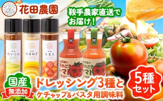 ドレッシング3種とケチャップ&パスタ用調味料 5種セット 花田農園 《30日以内に出荷予定(土日祝除く)》ドレッシング だいこん 大根 たまねぎ 玉ねぎ とまと トマト 野菜 国産 無添加 ケチャップ パスタ用調味料---skr_hnddk_30d_23_14400_5i--- (管理コード:skr_hnddk_30d_23_14400_5i)