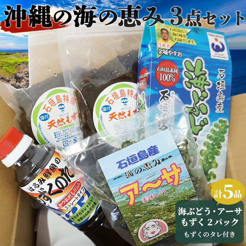 沖縄の海の恵み 3点セット(海ぶどう、天然もずく2パック、アーサ) もずくのタレ1本付 CK-13