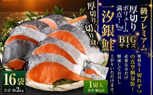 一級品プレミアム BIGサイズ一汐銀鮭切身 厚切り 16袋 ( 約2kg ) 1切ずつ真空個包装 鮭 シャケ 魚介類 海鮮 真空パック おかず おつまみ 晩酌 酒の肴 お惣菜 養殖 チリ産 プレミアムグレード 冷凍