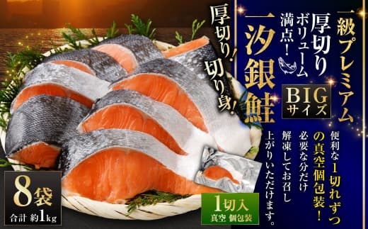 一級品プレミアム BIGサイズ一汐銀鮭切身 厚切り 8袋 ( 約1kg ) 1切ずつ真空個包装 鮭 シャケ 魚介類 海鮮 真空パック おかず おつまみ 晩酌 酒の肴 お惣菜 養殖 チリ産 プレミアムグレード 冷凍