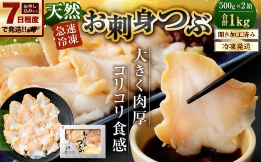 【 7日程度で発送 】 お刺身 つぶ 1kg ( 500g × 2P ) つぶ貝 刺身 スライス 貝類 貝 海鮮 魚介類 海産物 寿司 寿司ネタ バター焼き フライ 海鮮丼 大きい 肉厚 コリコリ 冷凍