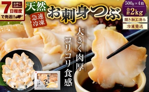 【 7日程度で発送 】 お刺身 つぶ 2kg (( 500g × 4P ) つぶ貝 刺身 スライス 貝類 貝 海鮮 魚介類 海産物 寿司 寿司ネタ バター焼き フライ 海鮮丼 大きい 肉厚 コリコリ 冷凍