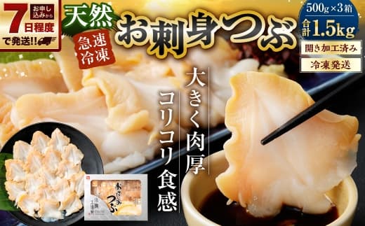 【 7日程度で発送 】 お刺身 つぶ 1.5kg ( 500g × 3P ) つぶ貝 刺身 スライス 貝類 貝 海鮮 魚介類 海産物 寿司 寿司ネタ バター焼き フライ 海鮮丼 大きい 肉厚 コリコリ 冷凍