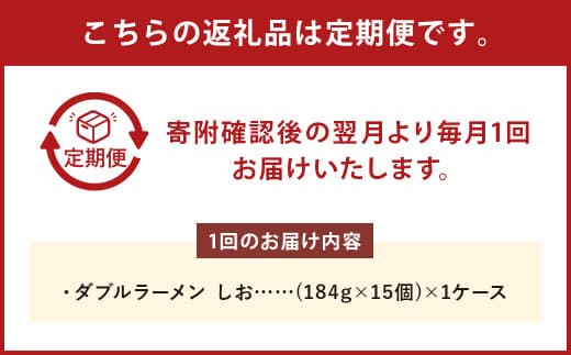 【4回定期便】 ダブルラーメン しお 184g×15個(1ケース) 15個入 計60個 塩ラーメン 麺 麺類 袋麺 ラーメン 塩味 ご当地ラーメン お取り寄せ 小樽市 北海道
