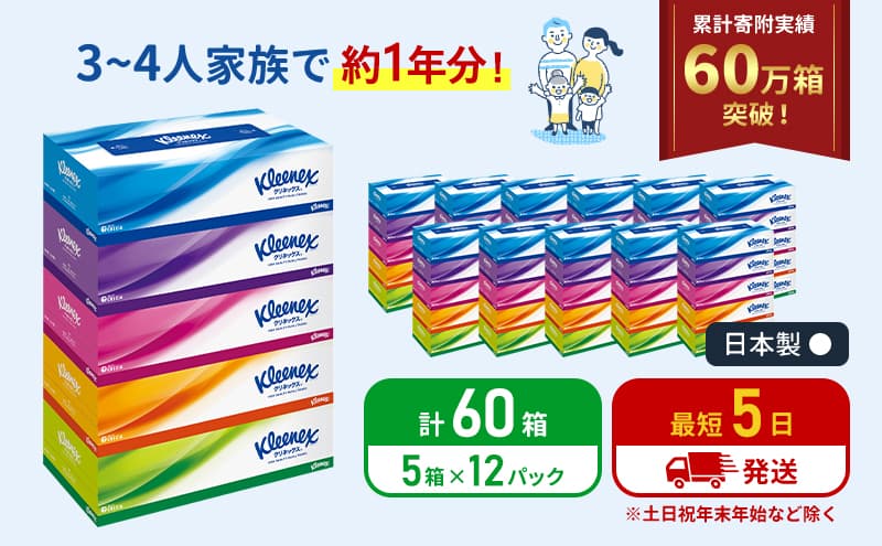 最短発送 ティッシュ クリネックス 60箱 (5箱×12パック) ティッシュペーパー ティシュー ティシューペーパーボックスティッシュ ボックスティシュー 日用品 消耗品 生活用品 生活必需品 まとめ買い 防災 最短 宮城県 岩沼市