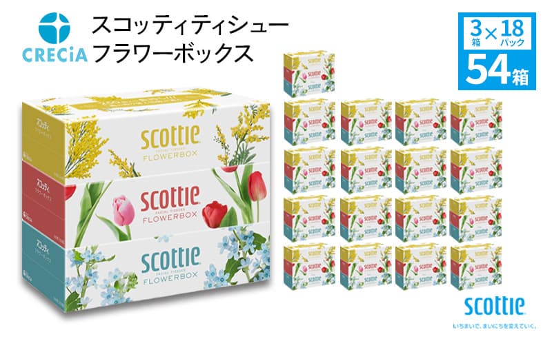 ティッシュ スコッティ フラワーボックス 54箱 (3箱×18パック) ティッシュペーパー ティシュー ティシューペーパーボックスティッシュ ボックスティシュー ティシュペーパー 防災 災害 日用品 消耗品 生活用品 生活必需品 まとめ買い 宮城県 岩沼市