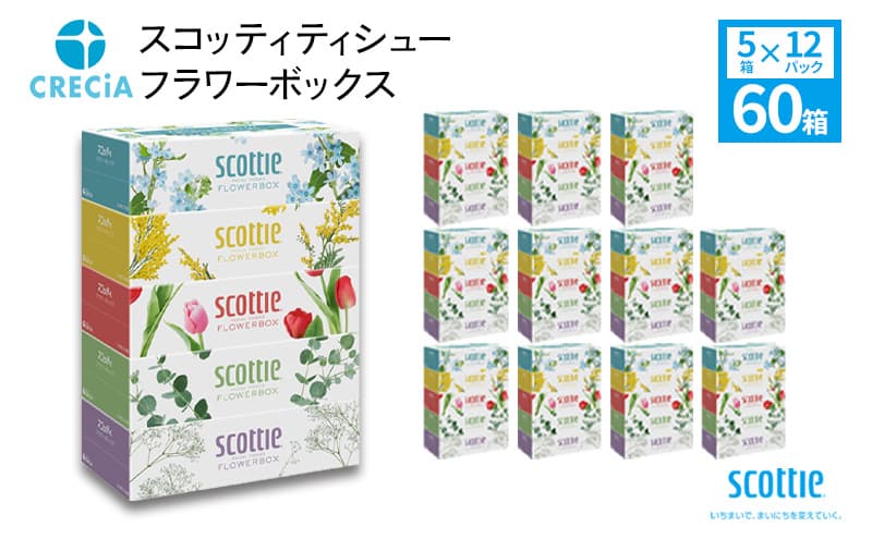 ティッシュ スコッティ フラワーボックス 60箱 (5箱×12パック) ティッシュペーパー ティシュー ティシューペーパーボックスティッシュ ボックスティシュー ティシュペーパー 防災 災害 日用品 消耗品 生活用品 生活必需品 まとめ買い 宮城県 岩沼市