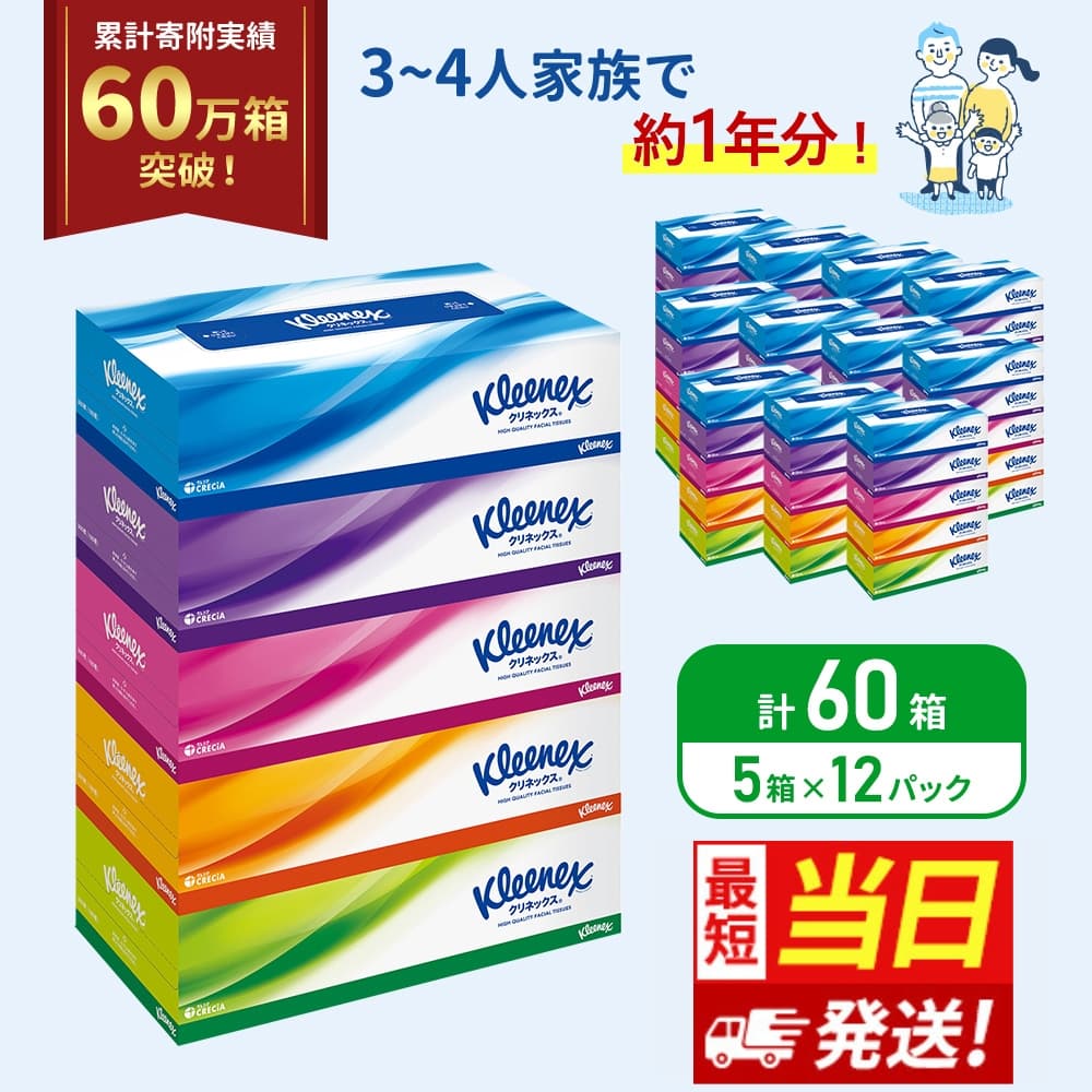 【最短当日発送!】 ティッシュ クリネックス ティシュー 1ケース (5箱入×12パック) ティッシュペーパー セット 柔らかい 節約 日用品 日用雑貨 消耗品 備蓄 備蓄品 備蓄用 防災 災害 ボックスティッシュ  ペーパー ローリングストック 宮城 岩沼市