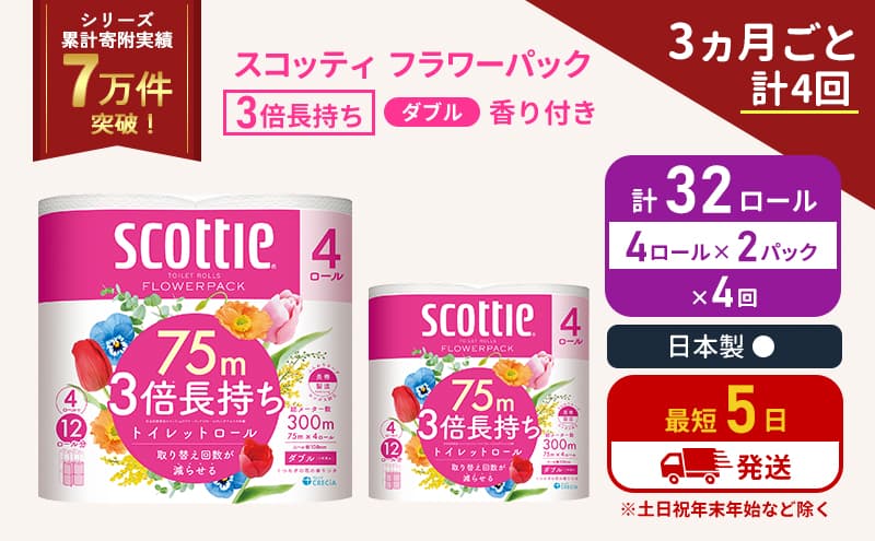 定期便 トイレットペーパー ダブル 3倍 長持ち 4ロール入×2パック スコッティ フラワーパック 香り付き《3ヶ月ごと計4回》 トイレット ペーパー セット 節約 日用品 日用雑貨 備蓄 備蓄用 防災 防災グッズ 3倍巻き 倍巻 宮城 宮城県 岩沼市