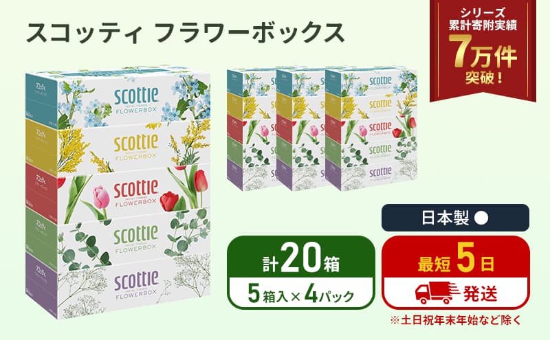 ティッシュ スコッティ フラワーボックス 20箱 (5箱×4パック) ティッシュペーパー ティシュー ティシューペーパーボックスティッシュ ボックスティシュー ティシュペーパー 防災 災害 日用品 生活用品 生活必需品 宮城県 岩沼市