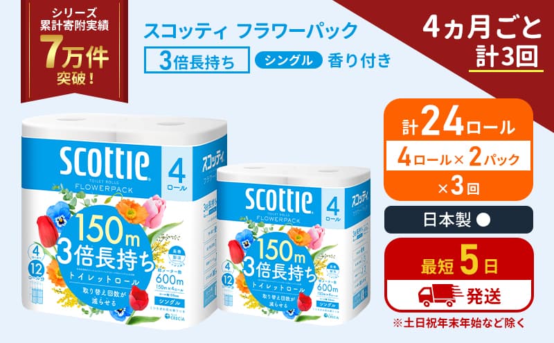 定期便 トイレットペーパー シングル フラワーパック 3倍長持ち 24ロール (4ロール×2パック) 《4ヶ月ごと計3回》香り付き スコッティ トイレットペーパーシングル スコッティ3倍長持ち 長持ち 防災 災害 生活用品 生活必需品 宮城県 岩沼市