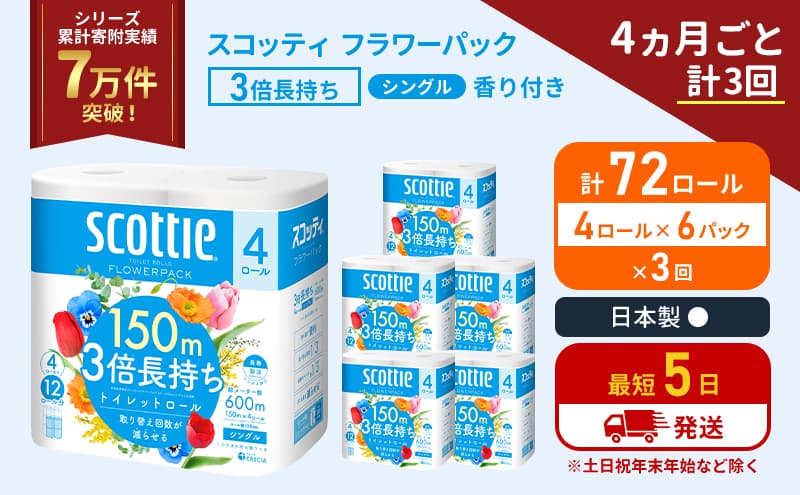 定期便 トイレットペーパー シングル フラワーパック 3倍長持ち 72ロール (4ロール×6パック) 《4ヶ月ごと計3回》香り付き スコッティ トイレットペーパーシングル スコッティ3倍長持ち 長持ち 防災 災害 生活用品 生活必需品 宮城県 岩沼市