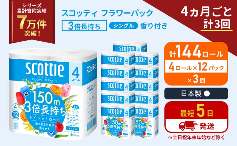 定期便 トイレットペーパー シングル フラワーパック 3倍長持ち 144ロール (4ロール×12パック) 《4ヶ月ごと計3回》香り付き スコッティ トイレットペーパーシングル スコッティ3倍長持ち 長持ち 防災 災害 生活用品 生活必需品 宮城県 岩沼市