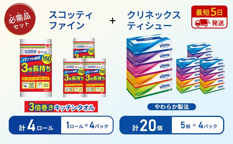 ティッシュ クリネックス 5箱入 × 4パック キッチンペーパー 4パック入 キッチンタオル スコッティ ファイン 1 ロール 3倍 150カット