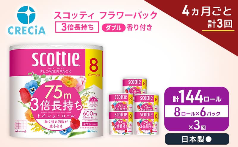 定期便 トイレットペーパー ダブル スコッティ 3倍長持ち 8ロール × 6パック《 4ヶ月ごと計 3回 》 フラワーパック