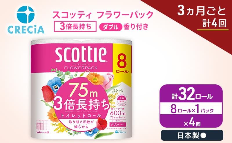 定期便 トイレットペーパー ダブル スコッティ 3倍長持ち 8ロール × 1パック《 3ヶ月ごと計 4回 》 フラワーパック