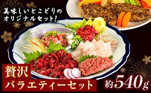 贅沢バラエティセット 540g 千興ファーム 馬肉 冷凍 《60日以内に出荷予定(土日祝除く)》 新鮮 さばきたて 生食用 肉 熊本県御船町 馬刺し 馬肉 惣菜 希少部位---sm_fsenzibr_60d_23_13500_540g--- (管理コード:sm_fsenzibr_60d_23_13500_540g)