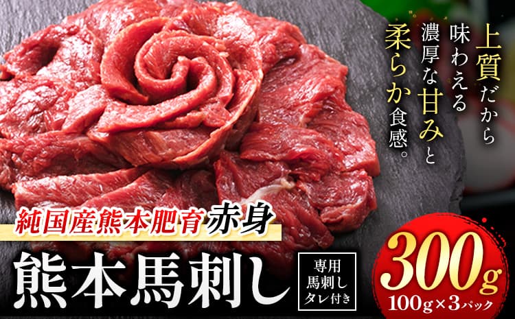 赤身馬刺し300g【純国産熊本肥育】 たっぷり300g 約100g×3ブロック(タレ3袋) 生食用 冷凍《7-14日以内に出荷予定(土日祝除く)》送料無料---gkt_lcl_664_300g---
